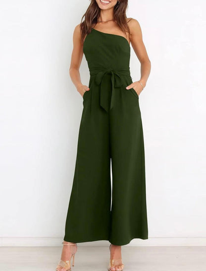 One Shoulder Jumpsuit With Pockets With Belt - Styledd by L&M