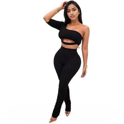 One Shoulder Long Sleeve Workout Sets Gymwear 2PC - Styledd by L&M