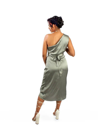 One Shoulder Ruched Satin Pleated Dress - Styledd by L&M