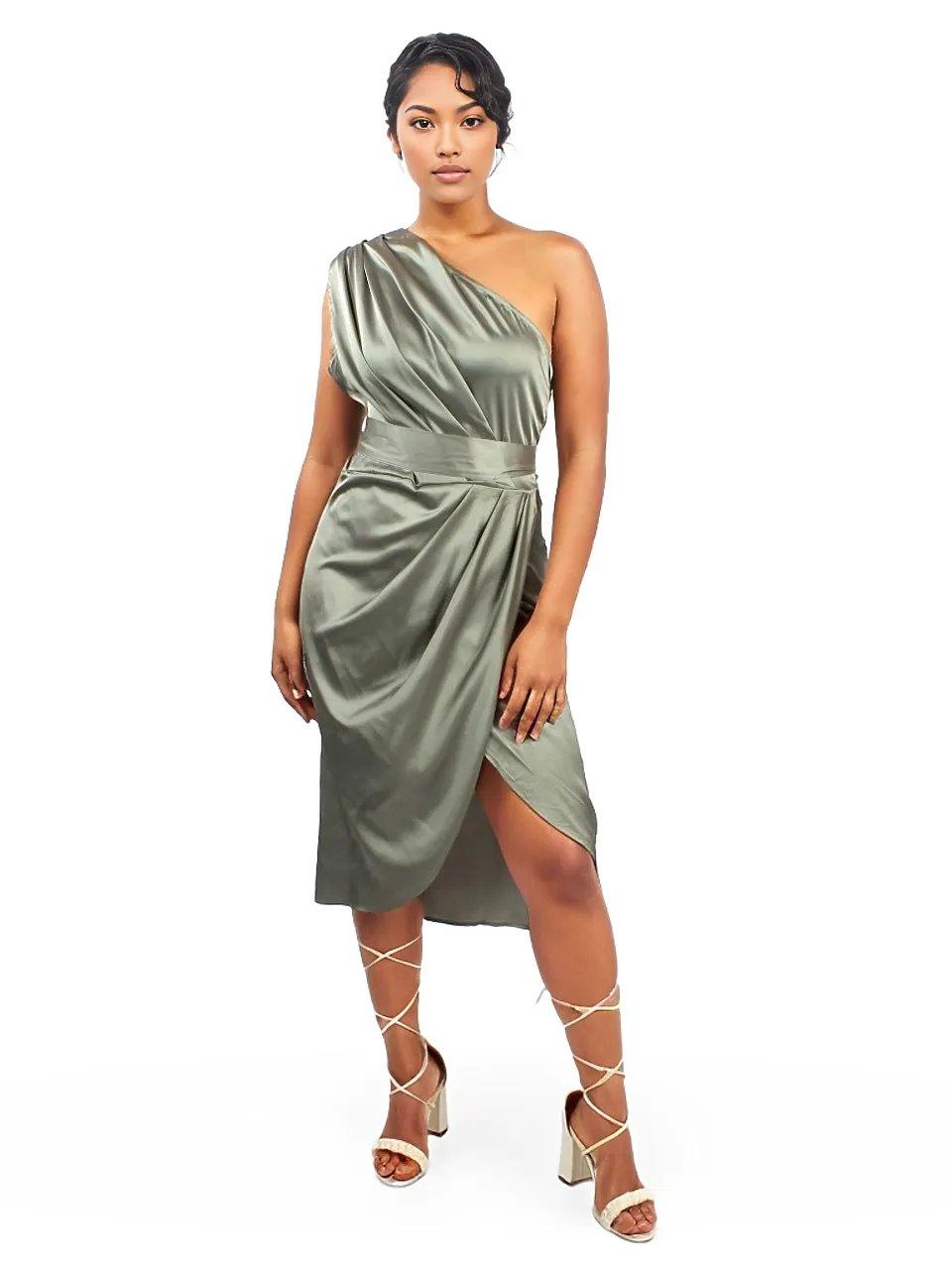 One Shoulder Ruched Satin Pleated Dress - Styledd by L&M