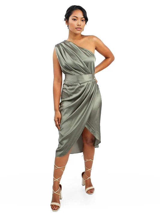 One Shoulder Ruched Satin Pleated Dress - Styledd by L&M