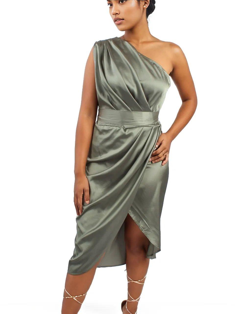 One Shoulder Ruched Satin Pleated Dress - Styledd by L&M