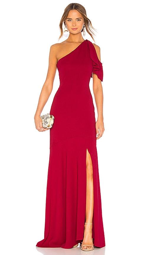 One shoulder red ruffles slit maxi dress - Styledd by L&M