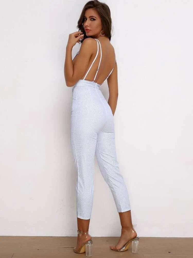 Open Back Striped Pants Jumpsuit - Styledd by L&M