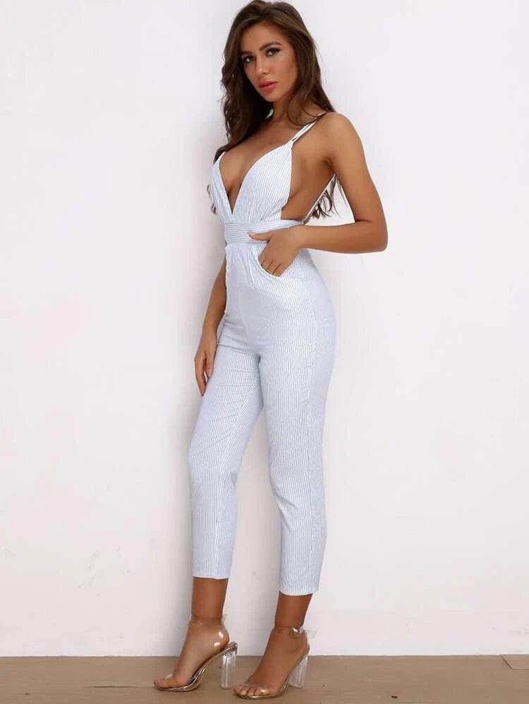 Open Back Striped Pants Jumpsuit - Styledd by L&M