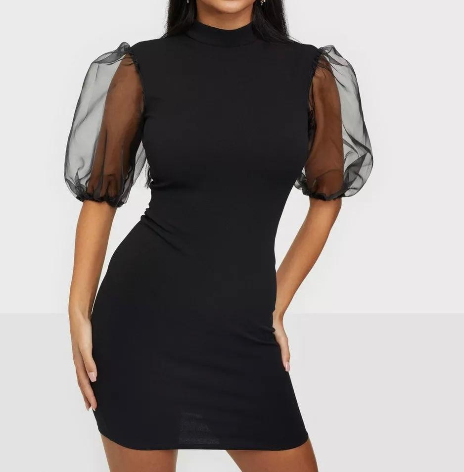 Organza puff sleeve ribbed knitted mini dress - Styledd by L&M