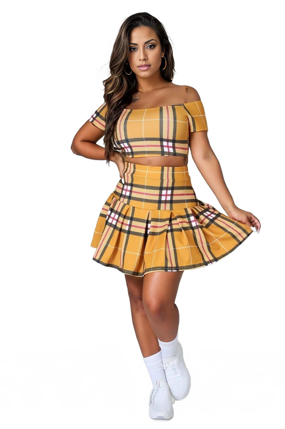 Plaid Off Shoulder Crop Top and Pleated Mini Skirt Set - Styledd by L&M