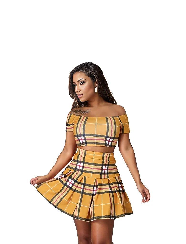 Plaid Off Shoulder Crop Top and Pleated Mini Skirt Set - Styledd by L&M