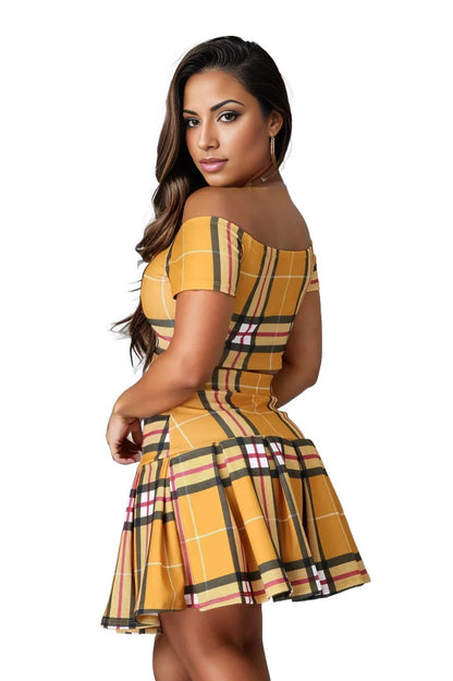 Plaid Off Shoulder Crop Top and Pleated Mini Skirt Set - Styledd by L&M