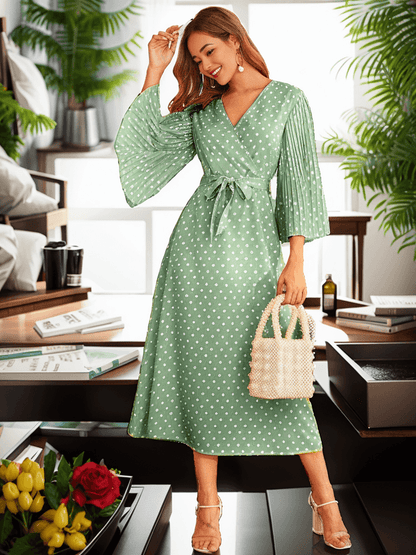 Pleated 3/4 sleeve polka dot dress - Styledd by L&M