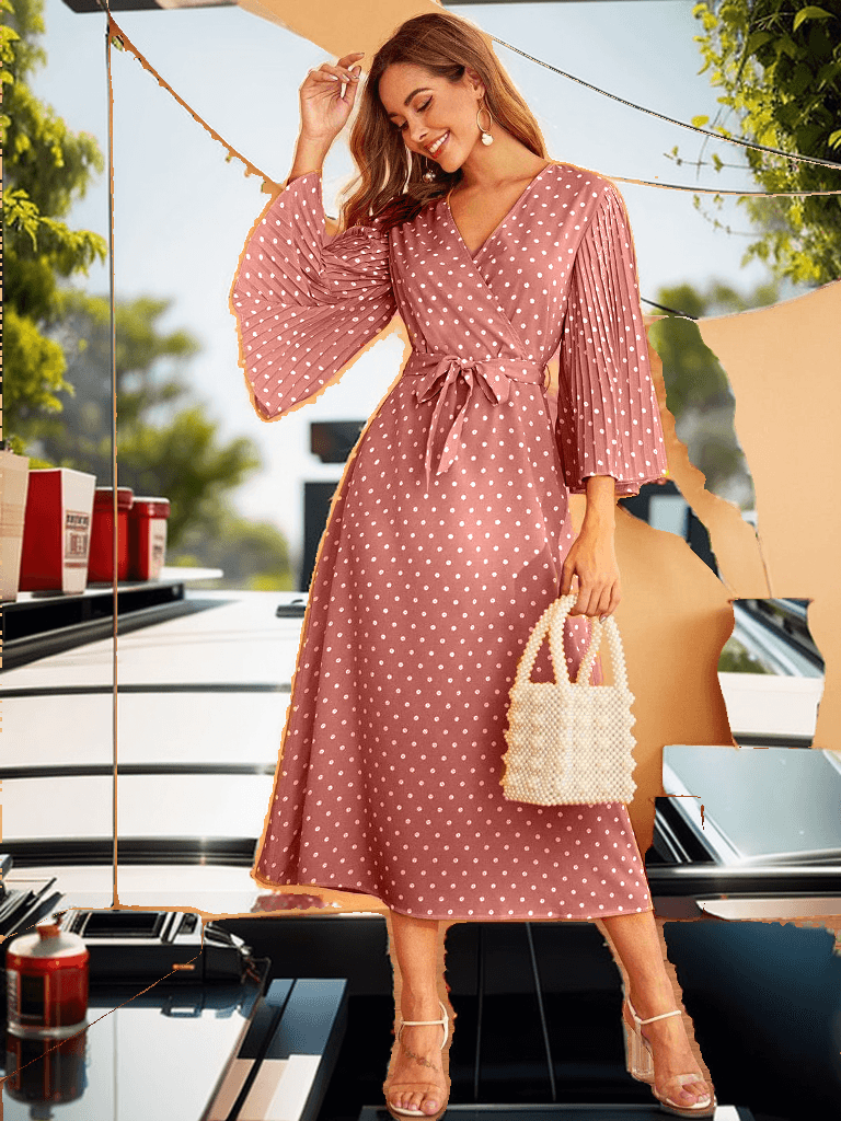 Pleated 3/4 sleeve polka dot dress - Styledd by L&M