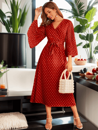 Pleated 3/4 sleeve polka dot dress - Styledd by L&M