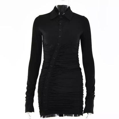 Pleated Slim Turn-Down Collar Shirt Dress - Styledd by L&M