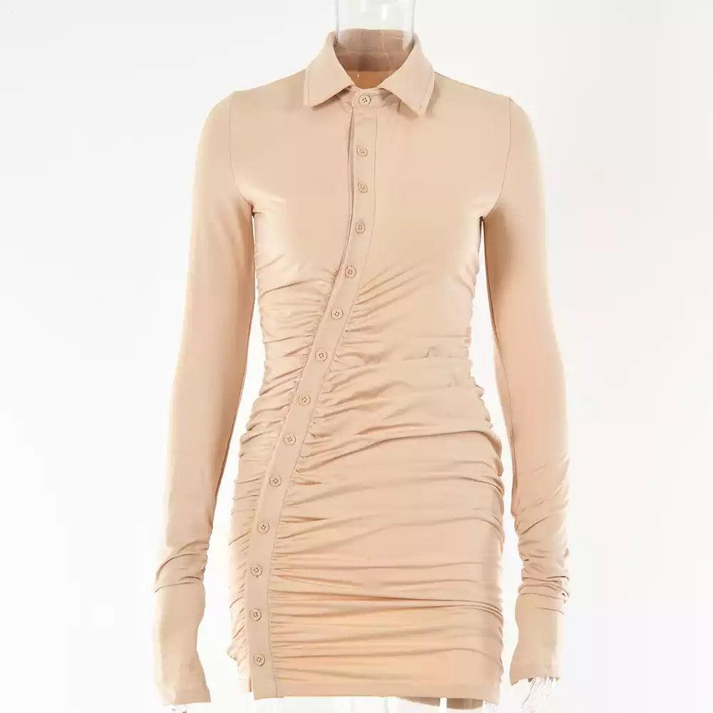 Pleated Slim Turn-Down Collar Shirt Dress - Styledd by L&M