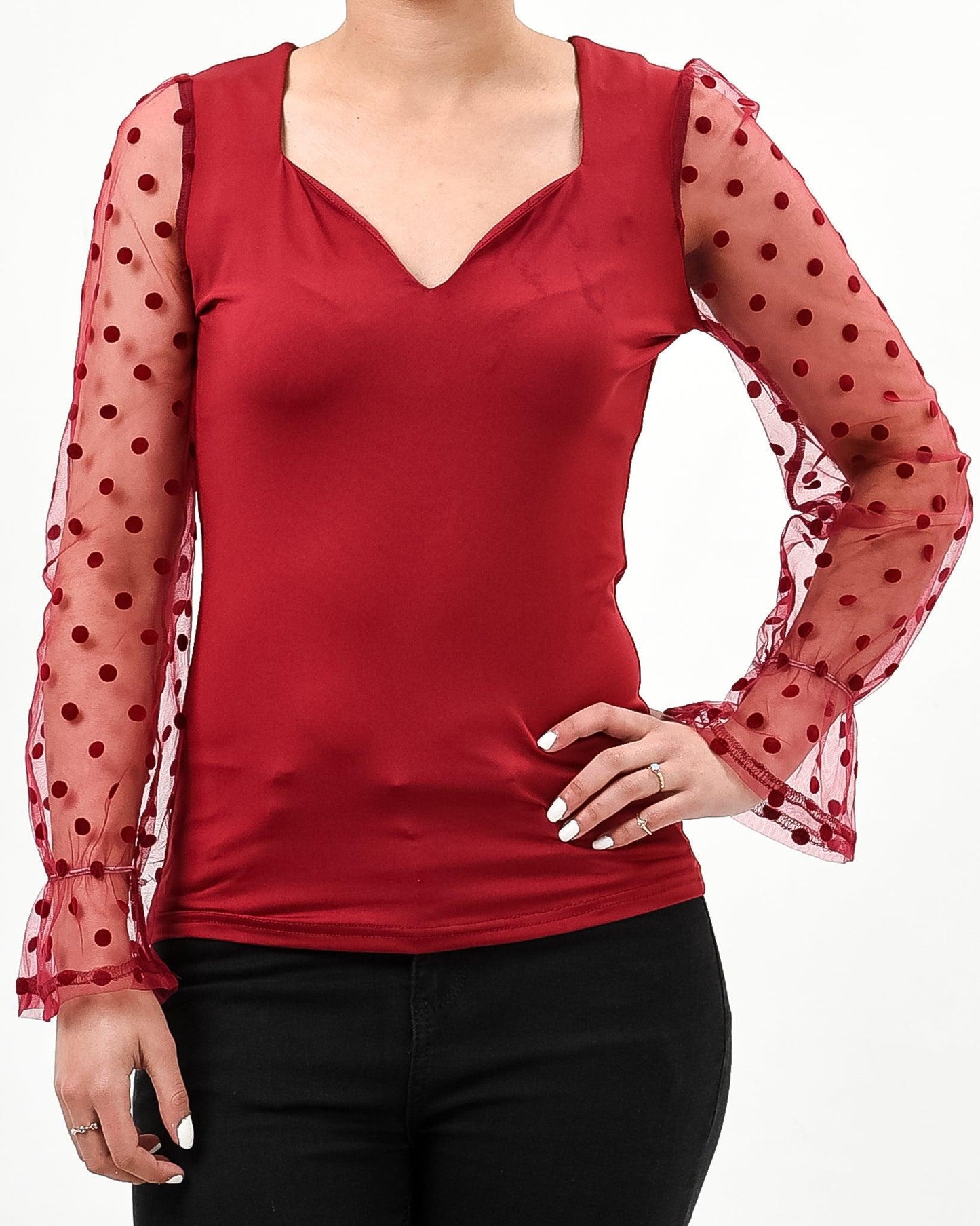 Polka dot mesh sleeve v cut top - Styledd by L&M