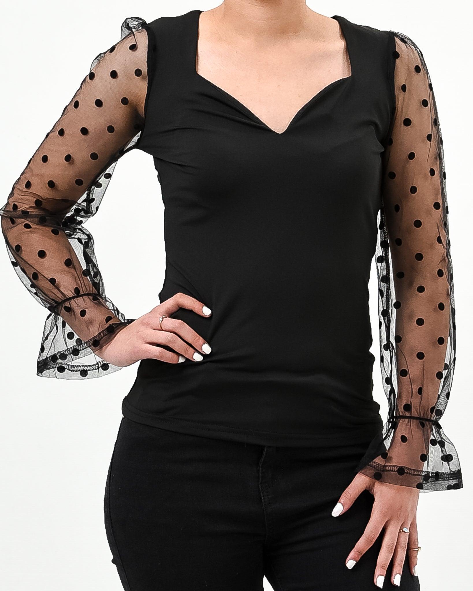 Polka dot mesh sleeve v cut top - Styledd by L&M