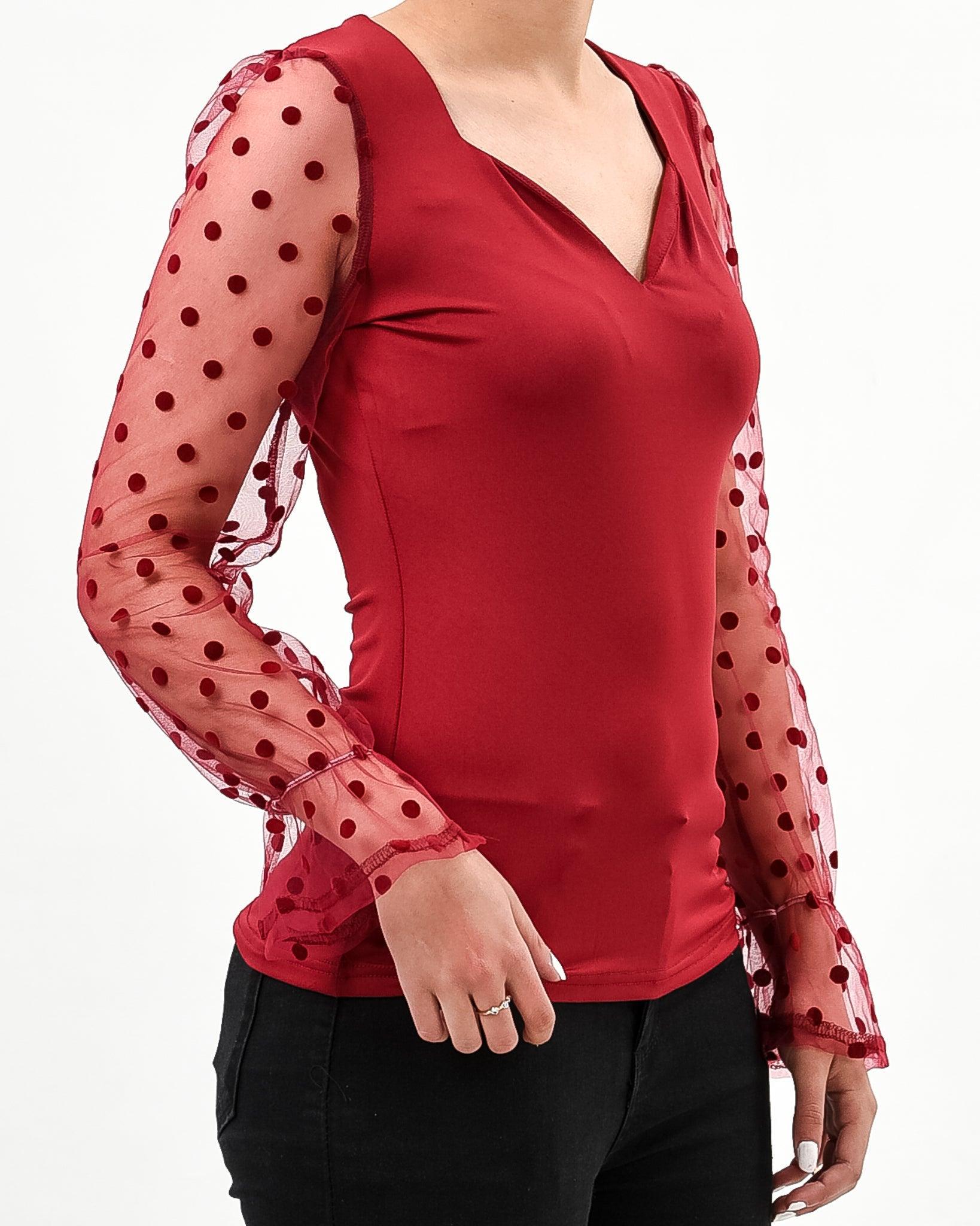 Polka dot mesh sleeve v cut top - Styledd by L&M