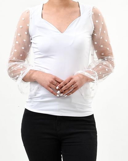 Polka dot mesh sleeve v cut top - Styledd by L&M