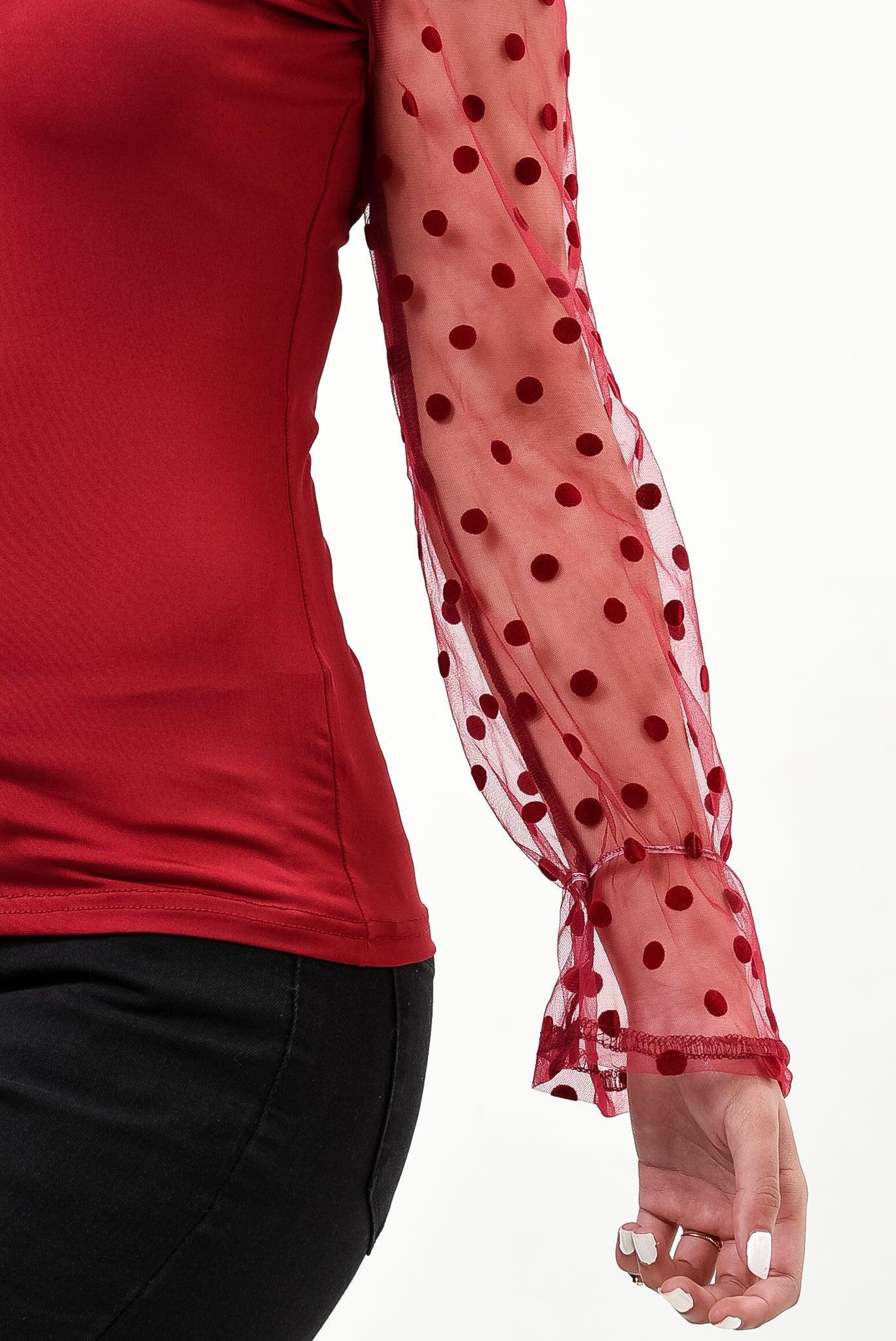 Polka dot mesh sleeve v cut top - Styledd by L&M