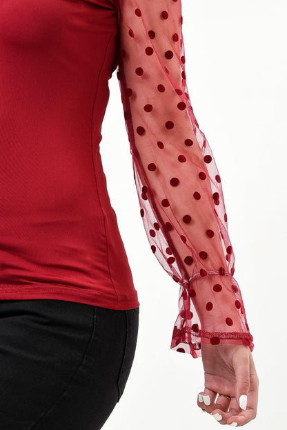 Polka dot mesh sleeve v cut top - Styledd by L&M