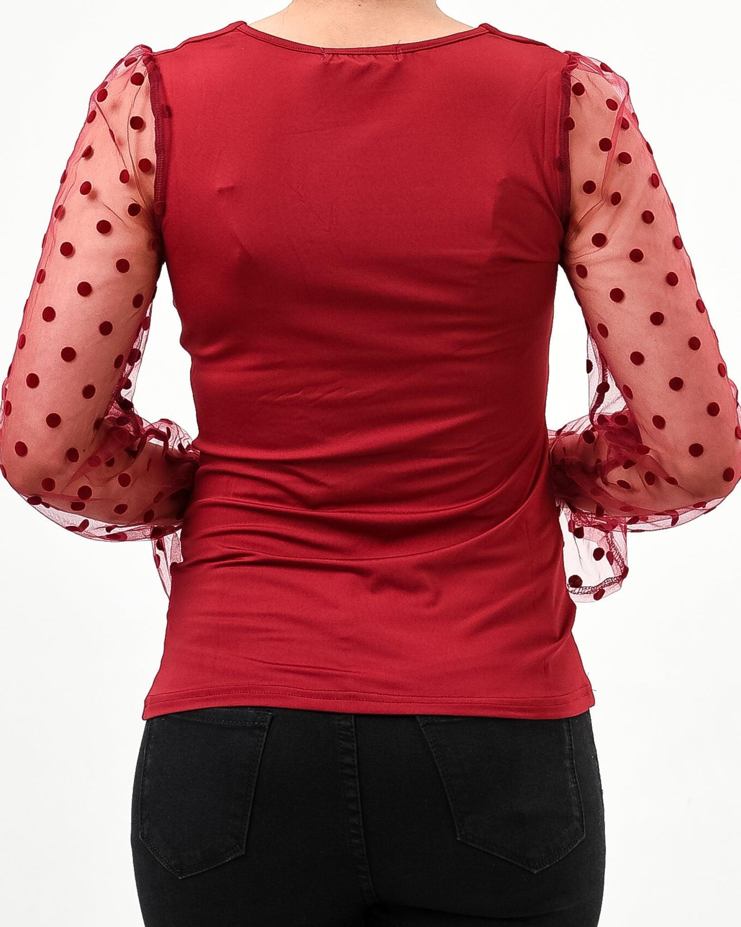 Polka dot mesh sleeve v cut top - Styledd by L&M