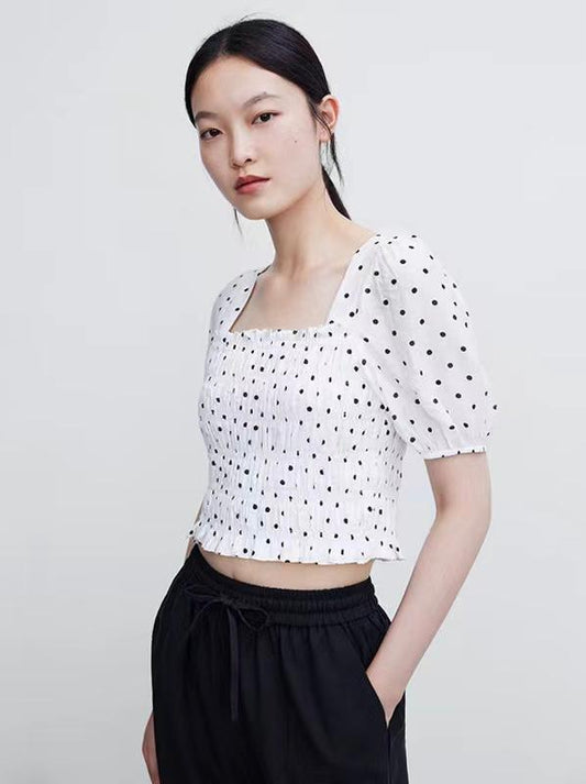 Polka dot spliced puff short sleeve - Styledd by L&M