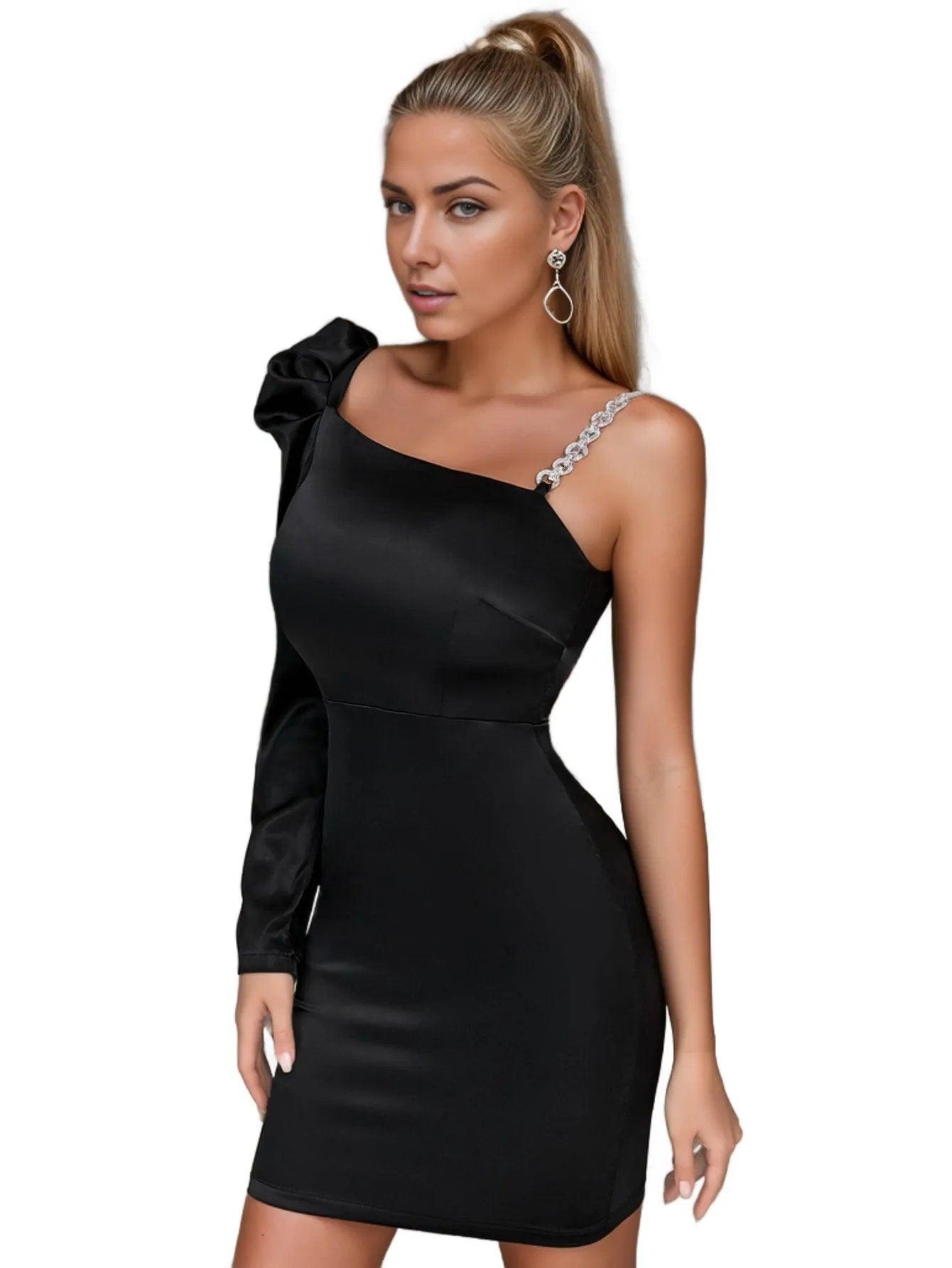 Puff Shoulder Long-Sleeved One-Shoulder Mini Dress - Styledd by L&M