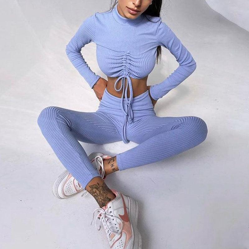 Ribbed 2 Piece Drawstring Long Sleeve Crop Top Leggings Set - Styledd by L&M