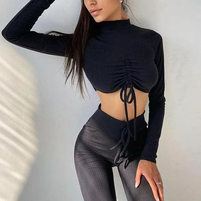 Ribbed 2 Piece Drawstring Long Sleeve Crop Top Leggings Set - Styledd by L&M