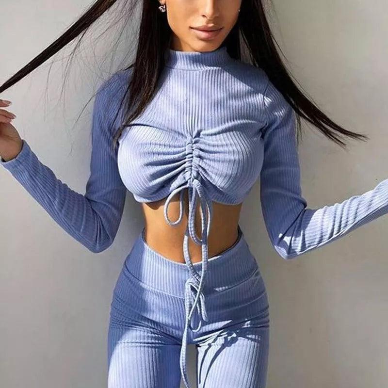 Ribbed 2 Piece Drawstring Long Sleeve Crop Top Leggings Set - Styledd by L&M