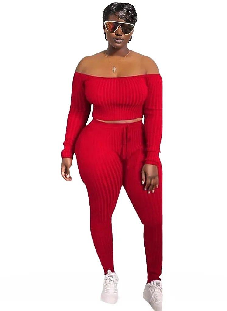 Ribbed Knitted Off Shoulder Crop Top and Leggings Set - Styledd by L&M