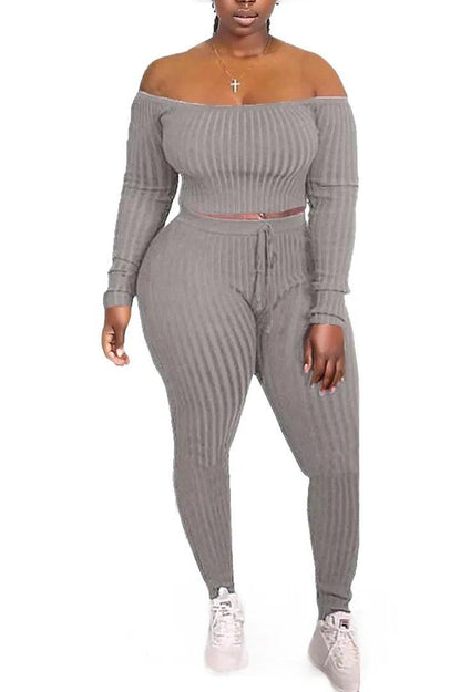 Ribbed Knitted Off Shoulder Crop Top and Leggings Set - Styledd by L&M