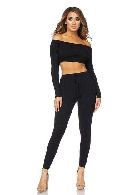 Ribbed Knitted Off Shoulder Crop Top and Leggings Set - Styledd by L&M