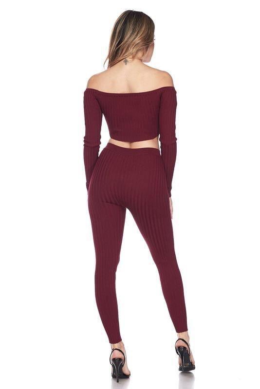 Ribbed Knitted Off Shoulder Crop Top and Leggings Set - Styledd by L&M