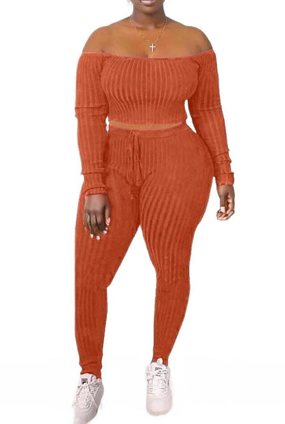 Ribbed Knitted Off Shoulder Crop Top and Leggings Set - Styledd by L&M