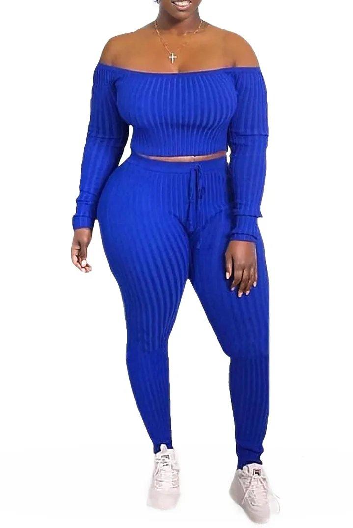 Ribbed Knitted Off Shoulder Crop Top and Leggings Set - Styledd by L&M