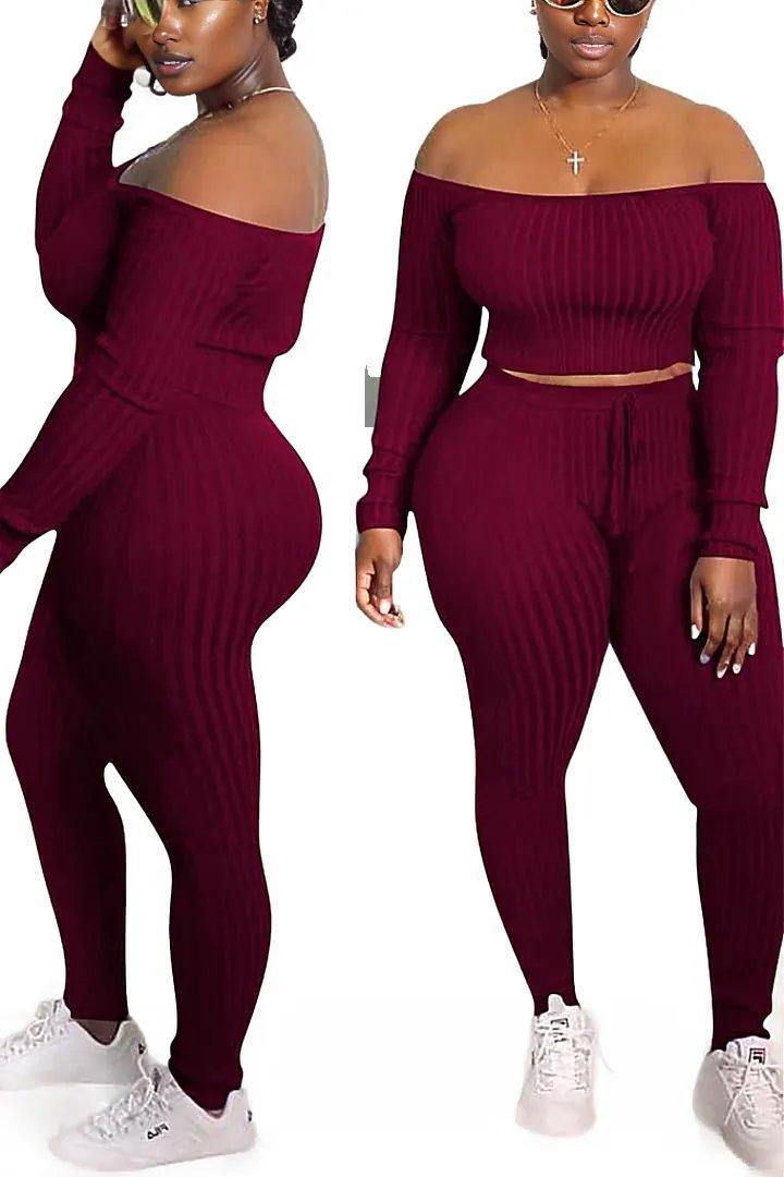 Ribbed Knitted Off Shoulder Crop Top and Leggings Set - Styledd by L&M