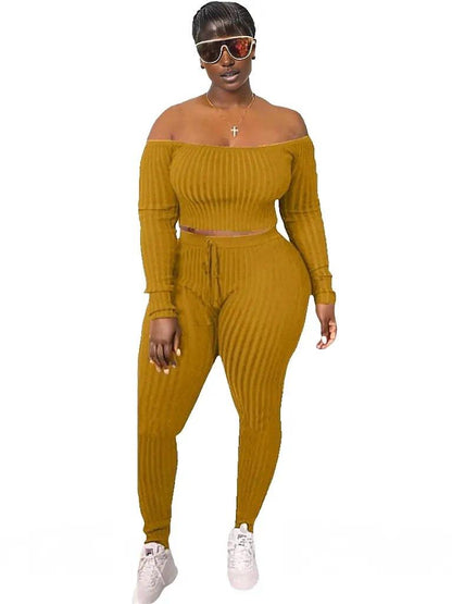 Ribbed Knitted Off Shoulder Crop Top and Leggings Set - Styledd by L&M