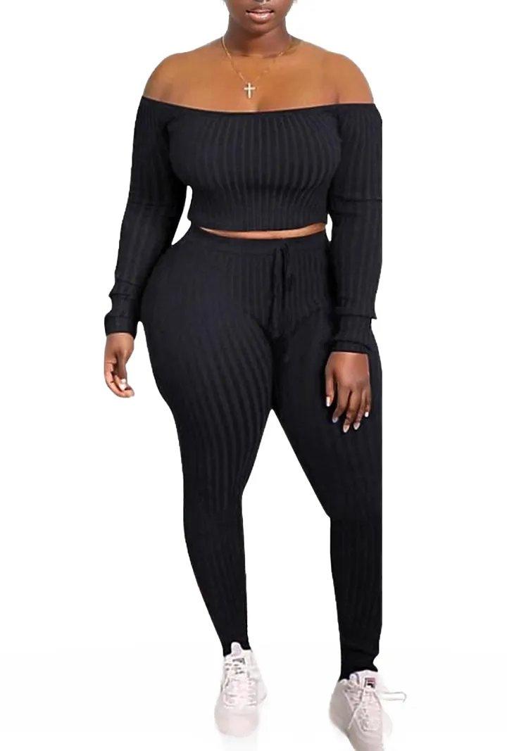 Ribbed Knitted Off Shoulder Crop Top and Leggings Set - Styledd by L&M