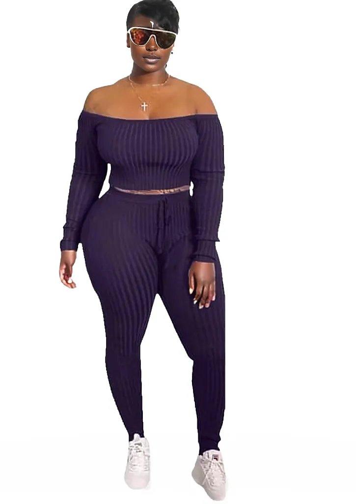 Ribbed Knitted Off Shoulder Crop Top and Leggings Set - Styledd by L&M