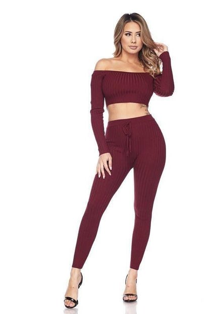 Ribbed Knitted Off Shoulder Crop Top and Leggings Set - Styledd by L&M