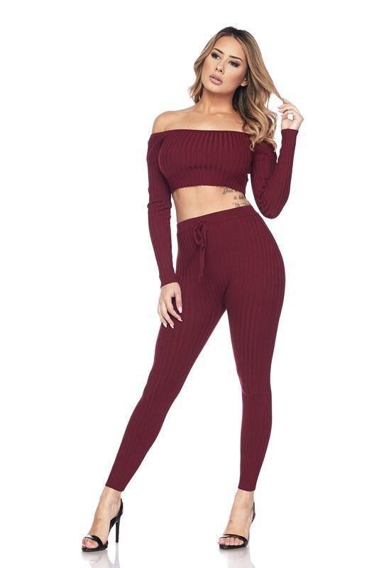 Ribbed Knitted Off Shoulder Crop Top and Leggings Set - Styledd by L&M