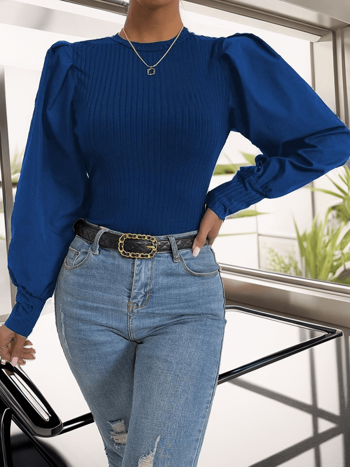 Ribbed knitted top puff sleeve blouse - Styledd by L&M