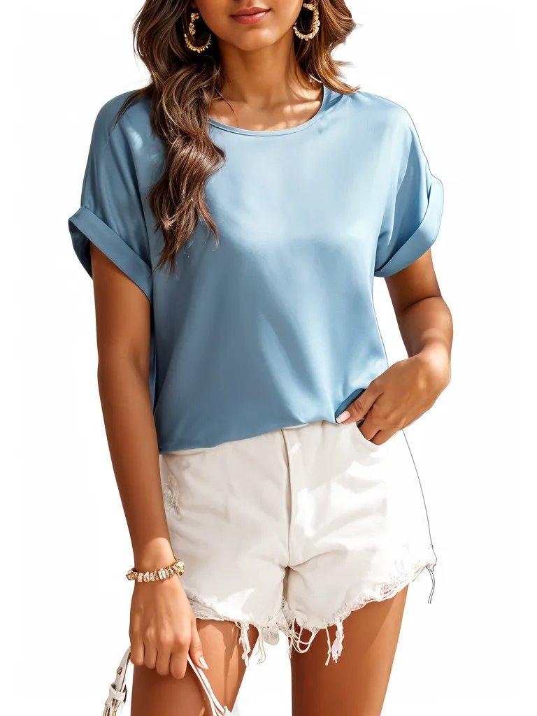 Rolled Cuff Short Sleeve Blouse - Styledd by L&M