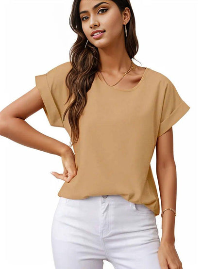 Rolled Cuff Short Sleeve Blouse - Styledd by L&M