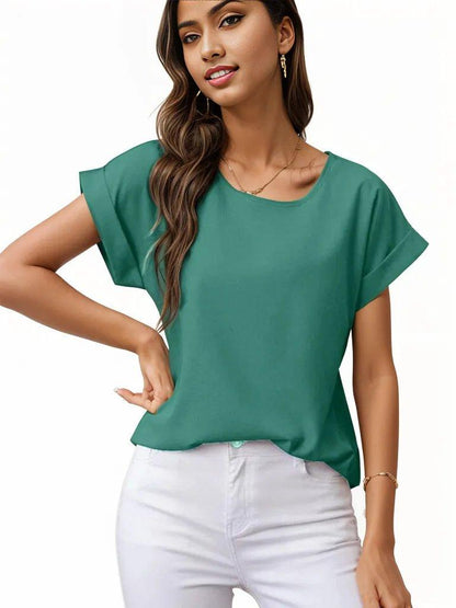 Rolled Cuff Short Sleeve Blouse - Styledd by L&M