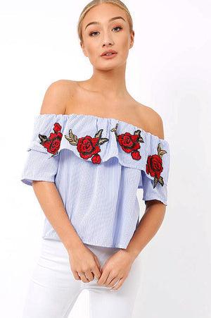 Rosé Embroidery Off Shoulder Striped Top - Styledd by L&M