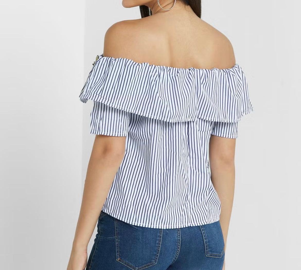 Rosé Embroidery Off Shoulder Striped Top - Styledd by L&M