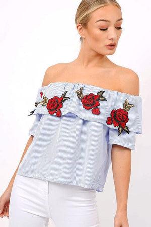 Rosé Embroidery Off Shoulder Striped Top - Styledd by L&M