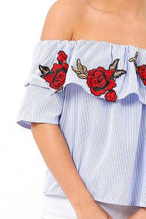 Rosé Embroidery Off Shoulder Striped Top - Styledd by L&M